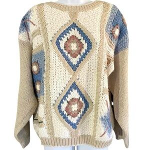 Vintage 90s Women’s Patchwork Fisherman Sweater Hand Knit M Boho Coastal Grandma